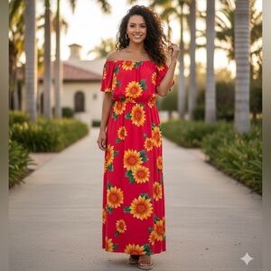 Seven Islands Floral Flutter Sleeve Maxi Dress Pink Yellow Stretchy Women Large